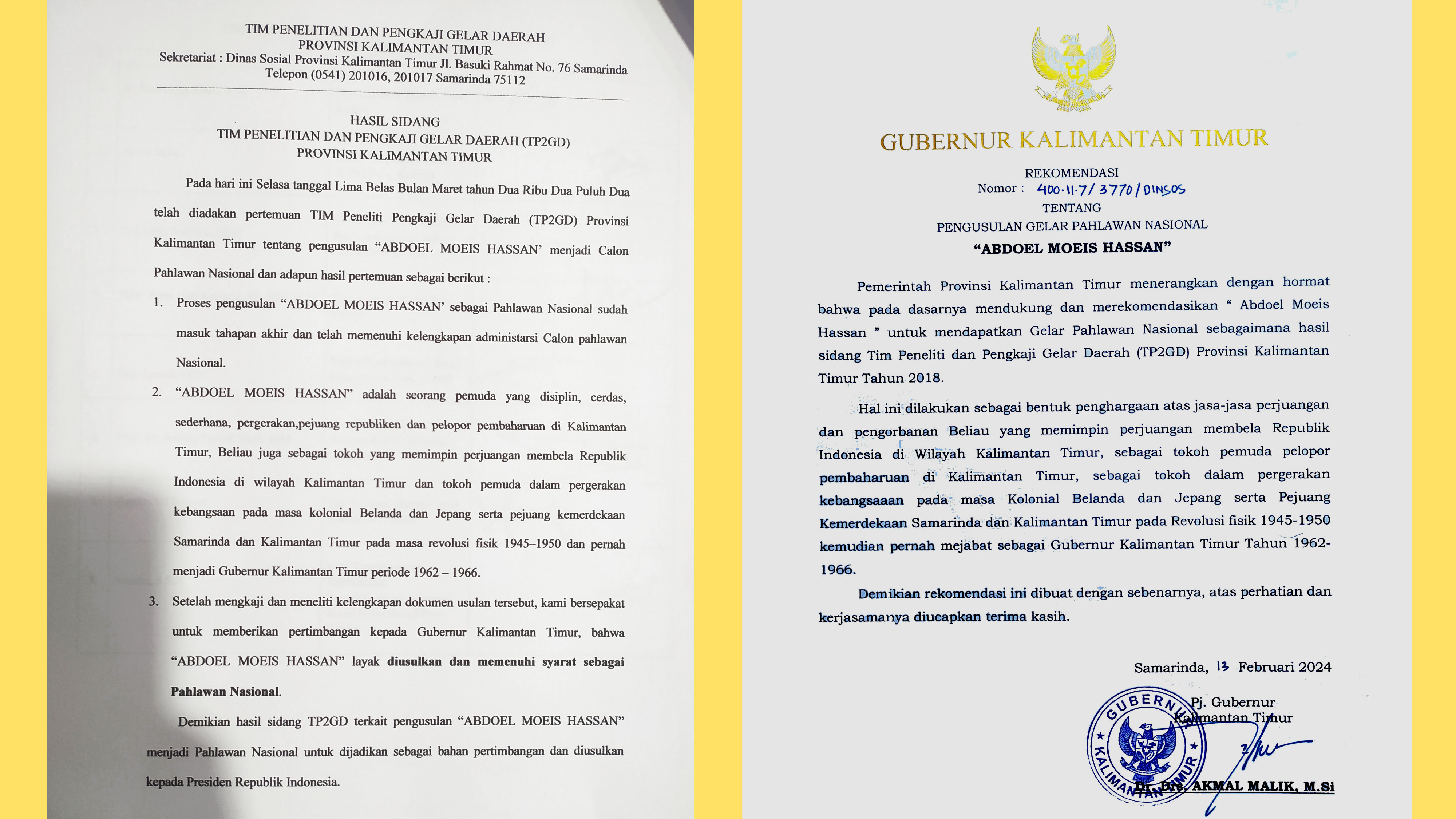 Rekomendasi TP2GD dan Gubernur Kalimantan Timur untuk usulan gelar Pahlawan Nasional Abdoel Moeis Hassan